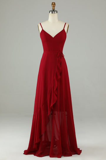 Chiffon Borgoña Tirantes de Espagueti Vestido de Dama de Honor